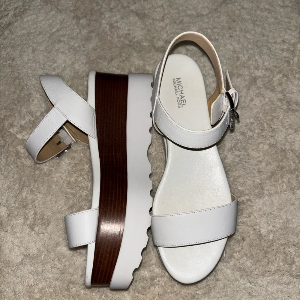 Michael Kors White Leather Platform Sandals w/ Brown Wood-Effect Midsole Size 6